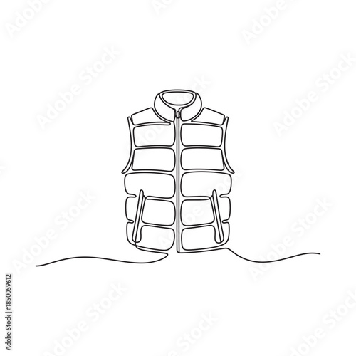 Minimalist continuous line drawing of a puffer vest simple fashion illustration