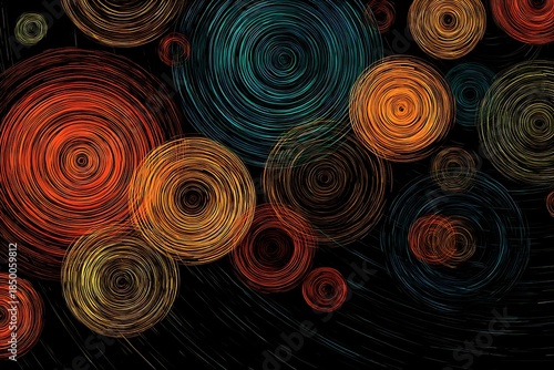 Abstract composition features overlapping, textured concentric circles against a deep black background