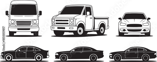 Truck and Trailer Line Drawings – Pickup, Flatbed and Semi Truck Outline Set