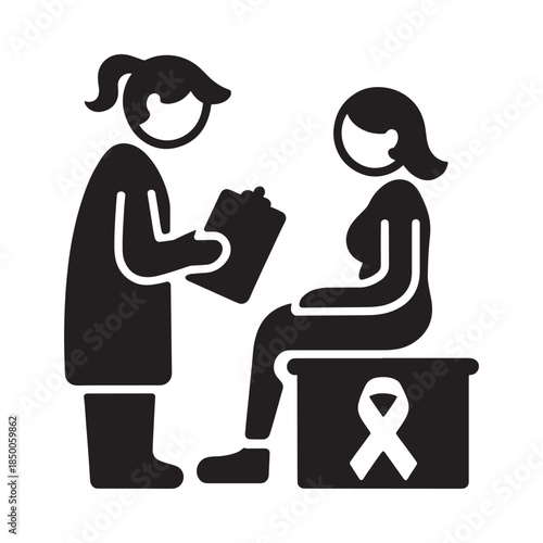 Healthcare professional consulting with a seated patient support ribbon below