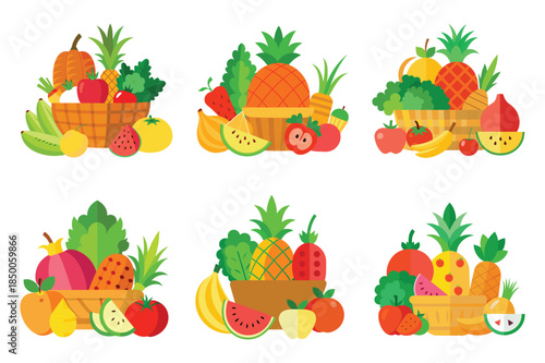 A healthy balanced nutritious diet vector art illustration set of fresh fruits and vegetables collection