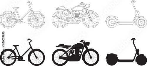 Bicycle and Electric Scooter Icons – Urban Transport Outline Set