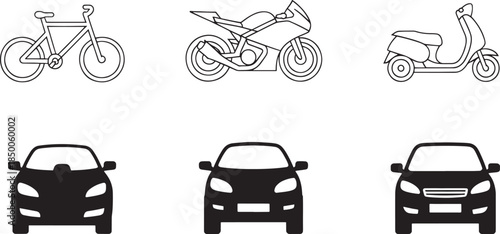 Vehicle Icons Set – Bicycle, Motorcycle, Scooter and Car Silhouettes