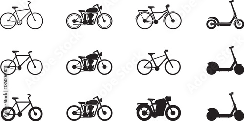 Bicycle and Electric Scooter Icons – Urban Transport Outline Set