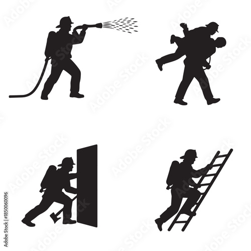 Black vector illustration of a musician and a man playing guitar as part of a rock band silhouette including people and instruments