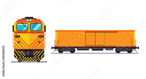 Front and side views of a modern orange freight locomotive and cargo car are presented on a clean white background.