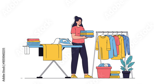 Dedicated woman stands at her ironing station pressing clothes and stacking them neatly while more garments hang nearby.