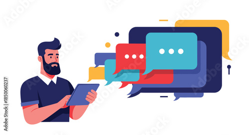 Bearded man using tablet with colorful speech bubbles emerging from device, representing digital communication and networking.