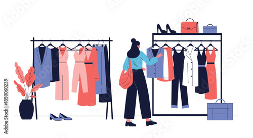 Young woman browses through a variety of colorful dresses and outfits hanging on a clothing rack in a fashion boutique.