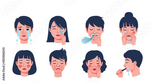 Illustration shows various people suffering from different facial ailments like allergies, acne, and respiratory issues.