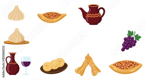 Selection of georgian culinary delights includes khinkali dumplings, khachapuri bread, red wine, and bunches of grapes.
