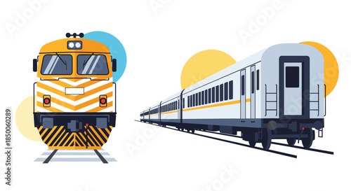 Front view of yellow locomotive and side perspective of white passenger train traveling on railway tracks against yellow suns.