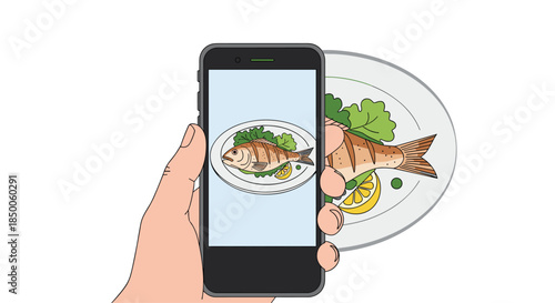 Hand holding smartphone capturing photo of grilled fish meal on white plate for social media sharing or food blog documentation.