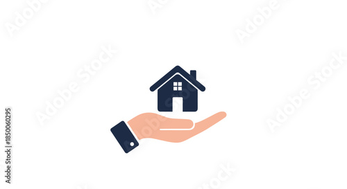 Human hand supports a dark blue house icon symbolizing home ownership, real estate investment, and property protection.