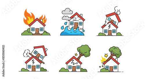 Set of icons depicting houses affected by various natural disasters including fire, flood, earthquake, and falling trees.