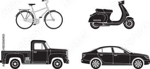 Vehicle Icons Set – Bicycle, Motorcycle, Scooter and Car Silhouettes