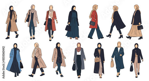 Stylish collection of women wearing diverse modest fashion outfits and elegant hijabs for various occasions.