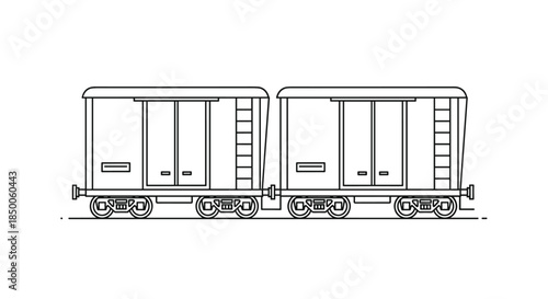 Simple line drawing of two connected railway freight wagons used for cargo transportation and logistics.
