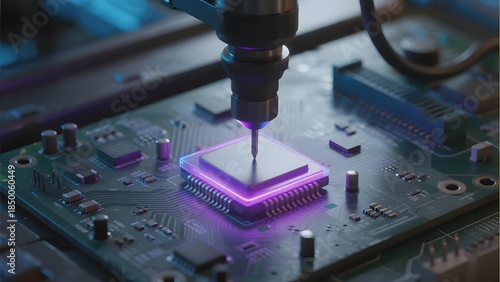 Precision drilling on a semiconductor chip mounted on a circuit board under illuminated conditions