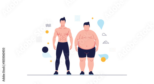 Comparison of body types showing a muscular athletic man and an overweight man for health awareness and fitness.