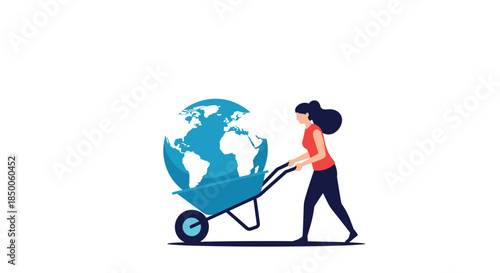 Hardworking woman pushing the earth globe in a wheelbarrow representing environmental care and sustainability.