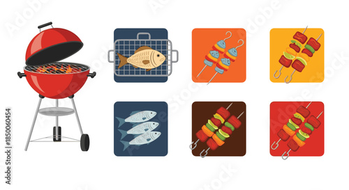 Assorted collection of barbecue grill icons and delicious grilled food items like fish and meat kabobs.