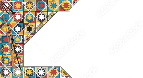 Intricate islamic geometric border design featuring colorful star patterns inspired by traditional arabian art.