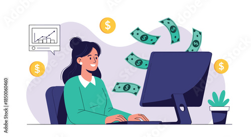 Successful woman earning money online while working on her computer at home or in a modern office.
