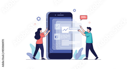 Man and woman interacting with a giant smartphone interface to manage data and business charts together.