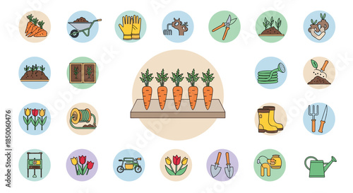 Comprehensive set of gardening icons featuring tools, plants, vegetables, and various maintenance activities.