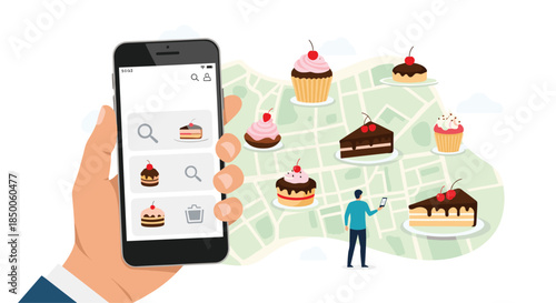 Smartphone app for cake delivery showing a map with various delicious desserts for easy online ordering.