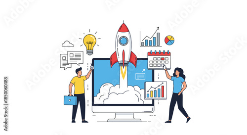 Dynamic business startup concept showing a team launching a rocket from a computer screen for new innovation.