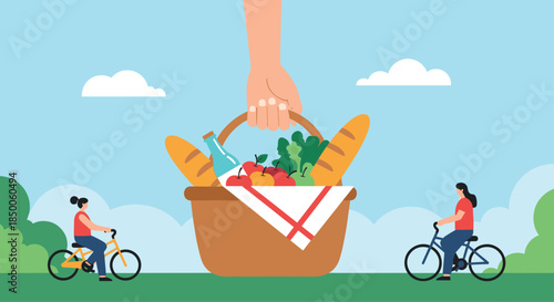Hand holding a large picnic basket overflowing with food while people cycle through a sunny park in the background.
