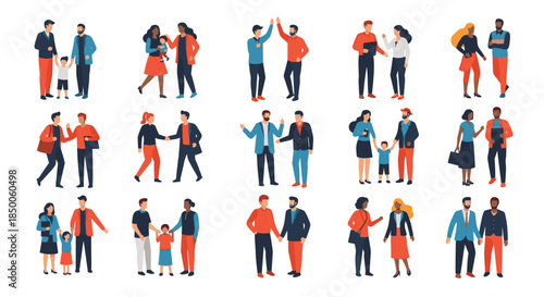 Set of diverse people in different social and professional group interactions and various relationship dynamics.