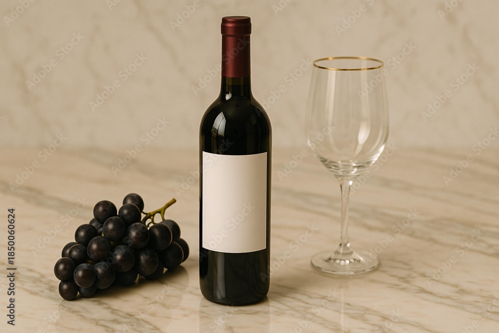 Obraz premium Elegant Wine Bottle Mockup with Grapes and Glass on Marble Surface