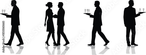 Waiters with champagne, romantic couple silhouette, elegant party scene, black figures, social gathering, reflection floor, formal event, expressive interaction