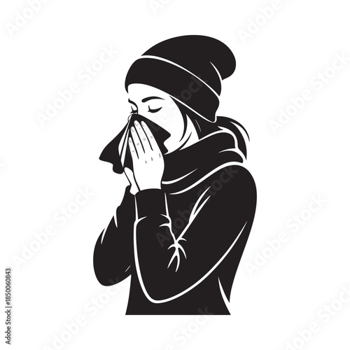 Woman covering her face with a scarf possibly feeling unwell or cold