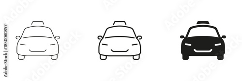 Taxi Front View Line And Solid Icon Set. Urban Transportation, Taxi Service, And Ride-Hailing Outline And Silhouette Symbol Collection. Public Transport. Isolated Vector Illustration