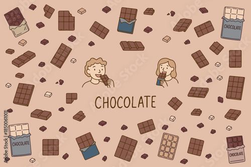  A fun vector illustration with cheerful characters enjoying chocolate bars surrounded by various chocolate pieces. Ideal for projects related to sweets, happiness, and indulgence.