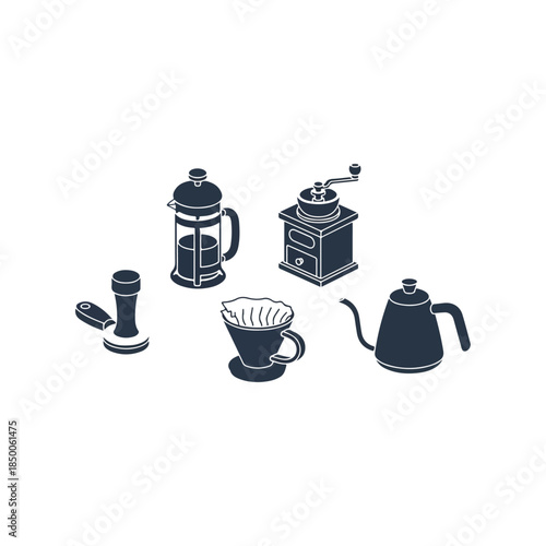 Collection of Isometric Coffee Making Tools and Equipment A French Press, Coffee Grinder, Pour Over Dripper, Tamper, and Kettle