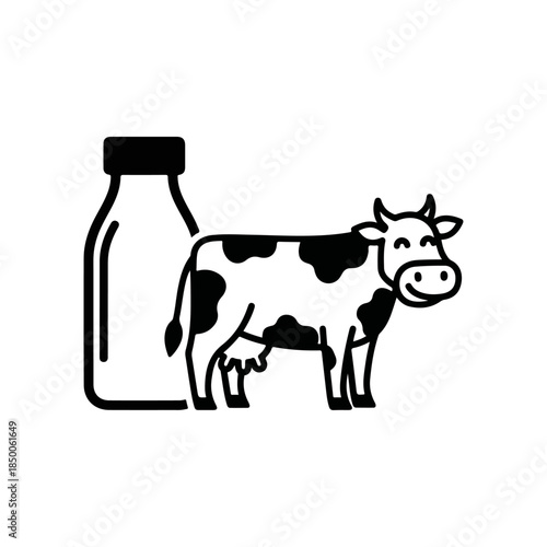 Cartoon cow standing beside milk bottle.