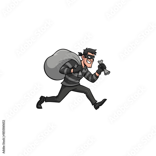 Cartoon thief running with money bag illustration.