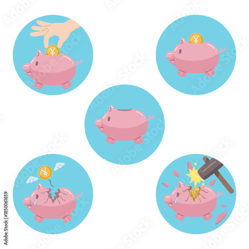 ¥マークが描かれたコインと、豚の貯金箱のアイコンセット