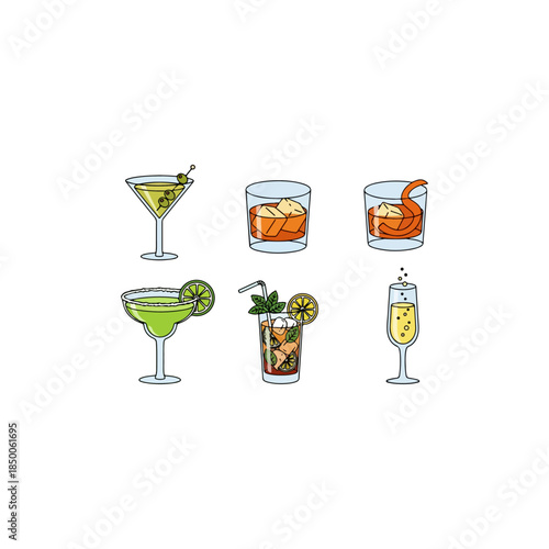 Collection of diverse alcoholic cocktails and refreshing mixed drinks vector illustrations set