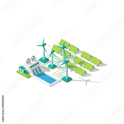 Renewable Energy Power Plant System, Green Electricity Generation with Hydro, Wind, and Solar