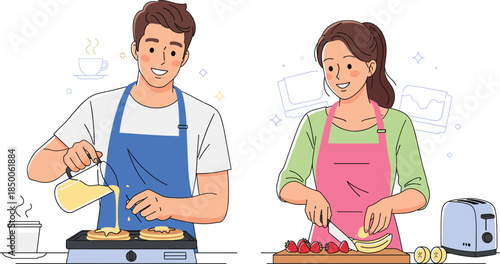 Smiling couple cooking breakfast together at home kitchen, making pancakes and cutting fruits, happy morning routine, flat vector illustration
