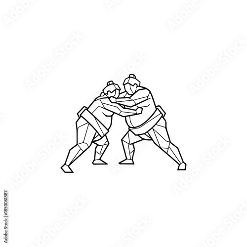 Two sumo wrestlers engaging in a powerful grappling match, geometric line art illustration, white background.