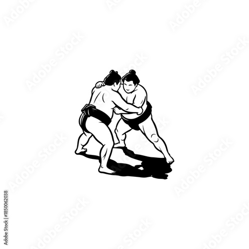 Two sumo wrestlers in traditional mawashi engaging in a fierce wrestling match on a white background with shadows