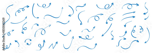 Hand drawn arrows icon set. Sketch curved arrows design. Arrow handmade. Doodle arrows shapes and directions. Pointer and cursor icons. EPS 10