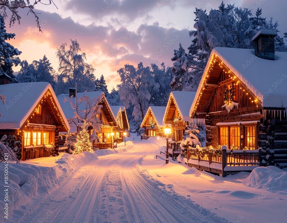 Fototapeta premium Winter Wonderland Village: The tranquil village, bathed in the soft glow of lights, evokes a sense of festive charm during a snowy winter evening.